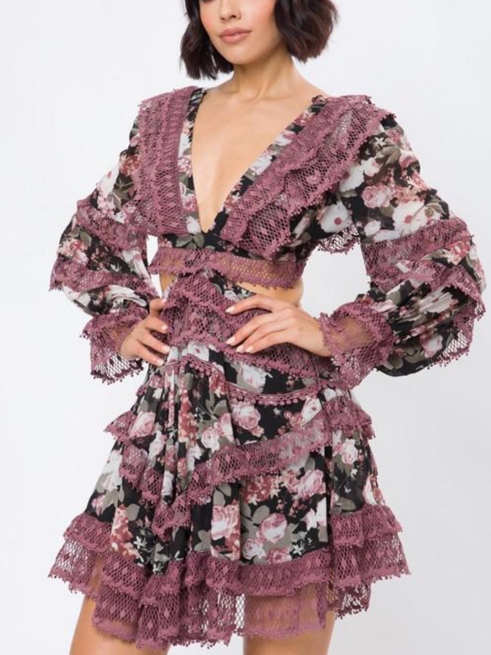 Mauve Floral Lace Trim V-Neck Mini Dress